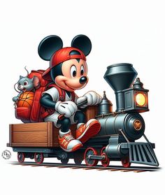 a cartoon mickey mouse riding on top of a train