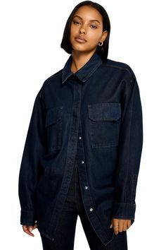 Good American Rinsed Denim Oversized Shirt Indigo716 Best Petite Jeans, Oversized Denim Shirt, Indigo Color, Deep Indigo, Pull On Jeans, Loungewear Shorts, Petite Jeans, Color Fabric, Designer Clothes For Men