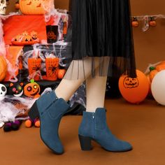 Detailed with topstitching and exposed zippers on both sides, these round-toe ankle-high boots feature a rounded toe and stacked chunky heel. This pair of boots can fit your jeans and long dresses well. The vamp is made of PU, and the outsole and heel are made of TPR. Please note that there may be a slight color difference. Please check the size measurement chart before ordering. Trendy Blue Ankle Heeled Boots, Blue Medium Width Ankle Boots, Fitted Blue Ankle Heeled Boots, Trendy Blue Mid-calf Boots With Round Toe, Winter Blue Ankle-high Heeled Boots, Knee High Combat Boots, Kitten Heel Ankle Boots, Evening Heels, Lace Up Block Heel