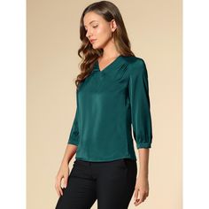 This satin blouse is actually a versatile product. Wear this and effortlessly create a stunning and chic look. It can be graceful and elegant at work, while it can be cute and playful in daily life. The slightly shiny satin fabric provides you with a comfortable and soft touch. The long sleeves are matched with a shirring design and button cuffs, with a sense of detail and elegance. The V-neck design is stylish and classic and adds a touch of charm to the casual look. It is a must-have piece in Solid Color Half Sleeve Office Top, Office Half-sleeve Solid Color Tops, Office Half Sleeve Tops, Green 3/4 Sleeve Top For Work, Elegant Green Blouse With 3/4 Sleeves, Chic Green Half-sleeve Blouse, Chic Green Half Sleeve Blouse, Chic Half Sleeve Tops For Office, Chic Green Blouse With 3/4 Sleeves