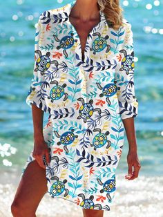 Sea Turtle Plantt Long Sleeve Beach Shirt Dress V-neck Shirt Dress For Beach Season, Casual V-neck Shirt Dress For Vacation, Vacation V-neck Printed Shirt Dress, Printed V-neck Shirt Dress For Vacation, V-neck Shirt Dress For Summer Beach, Blue V-neck Shirt Dress For Vacation, Printed Shirt Dress For Vacation, Summer Beach Printed Shirt Dress, Printed Short Sleeve Shirt Dress For Beach