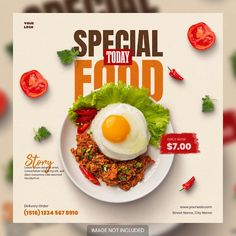 a flyer for a special food restaurant with an egg and lettuce on it