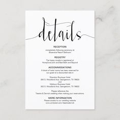 a black and white wedding details card with the word details on it in cursive font