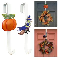 three different pictures of pumpkins, wreath and door hangers on the same door