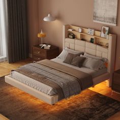 a bedroom with a bed, nightstands and two lamps on either side of the bed