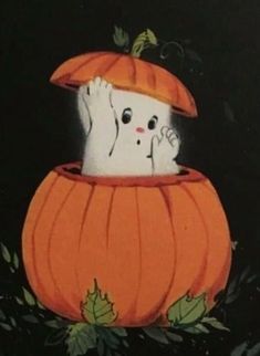 a painting of a white cat in a pumpkin costume with leaves on the ground and black background