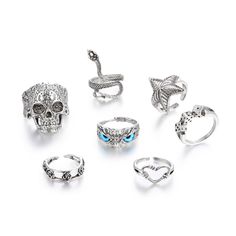 Material: Alloy Size: Alloy Fashion Element: Owl, Snake Style: INS Style Punk Style Metal Open Ring, Punk Style Metal Open Ring Jewelry, Trendy Silver Skull Jewelry, Rings Pack, Punk Skull, Owl Ring, Cobra Snake, Heart Rose, Rings Vintage