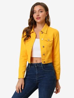 Shop Allegra K for button down long sleeve casual cropped denim jacket you are looking for, get more women's demin jackets for yourelf. Order now! Free Returns! Yellow Jean Jacket, Demin Jacket, Crop Jean Jacket, Trendy Jackets, Classic Denim Jacket, Jacket With Pockets, Cuffed Jeans, Work Party, Cropped Denim Jacket