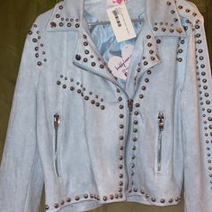 Studded Suede Jacket New With Tags Baby Blue Mick Trendy Blue Biker Jacket With Long Sleeves, Trendy Blue Long Sleeve Biker Jacket, Trendy Light Blue Outerwear For Spring, Casual Blue Long Sleeve Biker Jacket, Trendy Light Blue Spring Outerwear, Trendy Blue Biker Jacket For Spring, Fitted Blue Biker Jacket For Spring, Buddy Love, Suede Moto Jacket