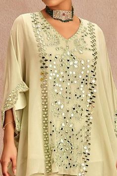 Shop for Samatvam by Anjali Bhaskar Green Blended Georgette Mirror Embroidered Kurta And Sharara Set for Women Online at Aza Fashions Kurta And Sharara Set, V Neck Kurta, Kurta And Sharara, Sharara Gharara, Kaftan Style, Sharara Set, Mirror Work, Batwing Sleeve, Set For Women