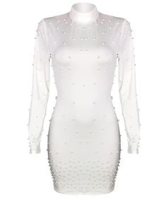 Beading Embellished Long Sleeve Bodycon Dress White Dresses Glamorous Pearl-embellished Mini Dress For Party, Bodycon Embellished Mini Dress, Elegant Fitted Mini Dress With Pearl Embroidery, Embellished Bodycon Mini Dress, Chic Embellished Bodycon Dress, Summer Embellished Fitted Bodycon Dress, Long Sleeve Embellished Bodycon Cocktail Dress, Spring Sheath Bodycon Dress With Sequins, Spring Sequin Sheath Bodycon Dress