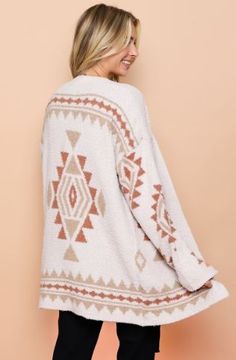 Soft On Trend Aztec Knitted Sweater Cardigan Length: 32" 90% Polyester, 10% Spandex Aztec Sweater Cardigan, Aztec Print Cardigan, Aztec Cardigan, Aztec Sweater, Boho Sweater, Cute Cardigans, Soft Cardigan, Patterned Cardigans, Cozy Cardigan