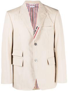 light beige notched lapels long sleeves buttoned-cuff sleeves button fastening front flap pockets chest welt pocket central rear vent Beige Jacket, Single Breasted Jacket, Mens Outerwear, Thom Browne, Cuff Sleeves, Light Beige, Flap Pocket, Welt Pocket, Suits You