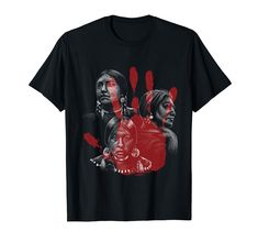 a t - shirt with the image of three people in red and black on it