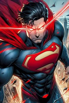 superman in the city with his cape open and red lights coming from his chest,