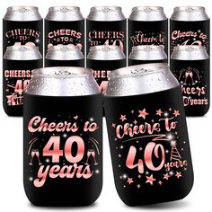 six black and pink cheers to 40 years can coolers