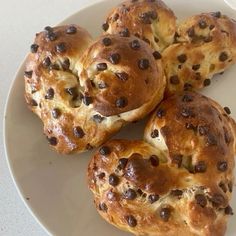 four chocolate chip muffins on a white plate