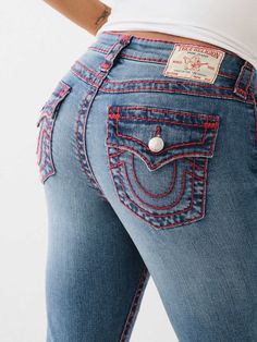 BECCA SUPER T BOOTCUT JEAN True Religion Jeans Flare, Spirit Jeans Ideas, Red True Religion Jeans, Spirit Jeans, Detergent Product, Jeans Ideas, Denim Pants Fashion