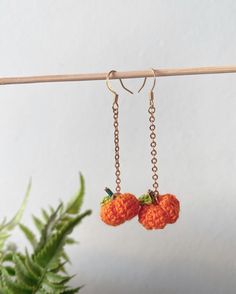 two crocheted oranges hanging from hooks on a clothes line next to a plant