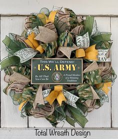 this wreath is made from burlocks and has the words u s army written on it