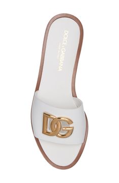 A gleaming D&G logo tops the band on this calfskin leather slide that's a must-have for laid-back, warm-weather looks. Leather upper, lining and sole Made in Italy Designer Shoes Luxury Sandals, Beach Fits, G Logo, White Accessories, Swag Shoes, Leather Slides, Comfortable Sandals, The Band, Personal Shopper