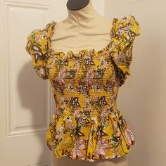 Ruffle Sleeve, Peplum Top Yellow Ruffled Top For Brunch, Yellow Ruffled Top For Beach, Yellow Fitted Tops For Vacation, Fitted Yellow Tops For Vacation, Yellow Lemon Print Beach Top, Mustard Floral Print Vacation Tops, Mustard Floral Print Summer Top, Mustard Summer Top For Brunch, Yellow Floral Print Blouse For Vacation