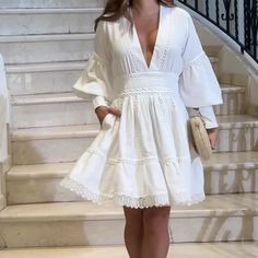 Fashionable Hollow V-neck Sexy High Waist Long Sleeve Dress white-XS White Long Sleeve Dress, Yellow Dress, Dress White, Sleeve Dress, High Waist, White Dress, Dresses With Sleeves, Long Sleeve Dress, High Waisted