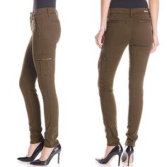 Olive Green Mid-Rise Skinny Cargo Pants With Zip Front Pockets And Left Side Zip Cargo Pocket. Stretch Fabric, Cool Stitching Detail At Hips. Nwt! Fitted Mid-rise Cargo Pants For Workwear, Stretch Mid-rise Cargo Pants For Work, Fitted Cargo Style Jeans With Tapered Leg, Fitted Tapered Leg Cargo Jeans, Spring Tapered Leg Bottoms With Zip Fly, Mid-rise Stretch Cargo Bottoms, Stretch Cargo Style Mid-rise Bottoms, Stretch Mid-rise Cargo Bottoms, Stretch Mid-rise Cargo Style Bottoms