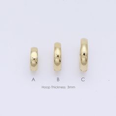 14K Solid 10mm, 11.5mm, 14mm, Gold Huggie Hinged Hoop Earring, Huggie Hoop, Gold Huggie, Gold Hoop, ♦ Please note that this earring is made to order. ♦ THIS LISTING IS FOR 1 EARRING S P E C S ♦ All of our jewelry is handmade in our studio in Seoul, Korea. ♦ 14K Yellow Gold, Rose Gold ♦ Listing is for 1 Earring ♦ Metal Finish: High Shine Polish ♦ Backing Type: Clip in Wire S I Z E S ♦ Hoop Thickness approx.3mm ♦ A - outer diameter 10mm ♦ B - outer diameter 11.5mm ♦ C - outer diameter 14mm D E S C Hypoallergenic Small Hoop Huggie Earrings, Gold Stackable Hoop Huggie Earrings, Internally Threaded Yellow Gold Hoop Earrings, Stackable Huggie Hoop Earrings, Internally Threaded Huggie Earrings, Internally Threaded Small Hoop Huggie Earrings For Gift, Small Hoop Internally Threaded Huggie Earrings For Gifts, Gift Internally Threaded Hoop Huggie Earrings, Adjustable Stackable Hoop Earrings