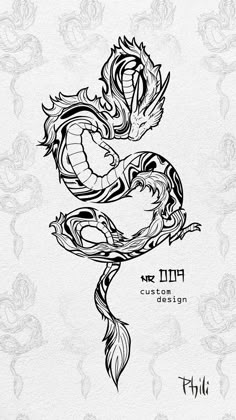 a black and white drawing of a dragon with the word,'tattoo design'on it