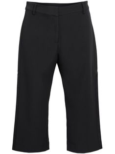 jet black stretch-design belt loops concealed front fastening mid-rise straight leg cropped two rear welt pockets below-knee length Elastane Cropped Leg Pants For Workwear, Capri Length Pants With Pockets For Work, Elegant Workwear Capri Bottoms, Chic Black Capri Length Bottoms, Chic Black Capri Pants, Chic Black Capri Length Pants, Elegant Capri Length Pants For Workwear, Black Cropped Leg Elastane Pants, Elegant Wide Leg Workwear Capris