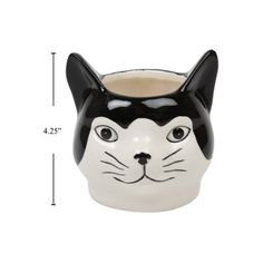 a black and white cat mug with its eyes open