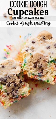 cookie dough cupcakes with chocolate chips and sprinkles on top are shown