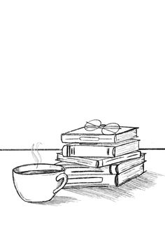 Black and white sketch of a stack of books and mug of tea, bookish art, art for readers, stack of books, digital illustration, drawing ideas Reading Books Art Illustration, Tea Sketch Illustration, Reading Screensaver, Cozy Drawing Ideas, Library Aesthetic Drawing, Books Doodle Art, Reading Book Illustration Art, Tea Doodle Art, Sketch Of Books