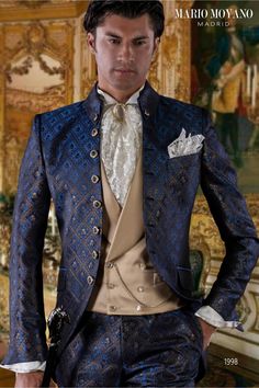 Blue and golden brocade baroque wedding frock coat 1898 Mario Moyano. Complete the outfit with golden satin waistcoat, double breasted, with shawl collar and 6 golden buttons and ivory and gold lace foulard with matching pocket square. Baroque Wedding, Wedding Frocks, Frock Coat, Blue Socks, Wedding Suit, Gothic Wedding, Satin Shirt, Gold Lace, Mother Of Pearl Buttons