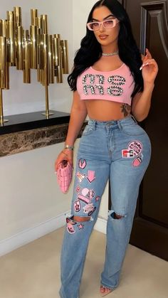 Barbie jeans (Blue/pink) - Chic by Taj Barbie Jeans, Hot Jeans, Stretch Jeans, A Small, Outfit Ideas, Hair Styles, Hair, Pink, How To Wear