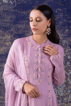 Lilac full sleeves anarkali with plumeria embroidery using cut dana, pearl, sequins highlights. Paired with a dupatta. - Aza Fashions Purple Long Sleeve Sharara With Intricate Embroidery, Anarkali Sharara With Intricate Embroidery And Long Sleeves, Anarkali Sharara With Intricate Embroidery, Elegant Purple Kurta With Mirror Work, Purple Long Sleeve Sets With Mirror Work, Semi-stitched Long Sleeve Anarkali Set With Intricate Embroidery, Purple Anarkali Set With Intricate Embroidery For Eid, Pink Churidar With Intricate Embroidery And Long Sleeve, Elegant Purple Sharara With Chikankari Embroidery