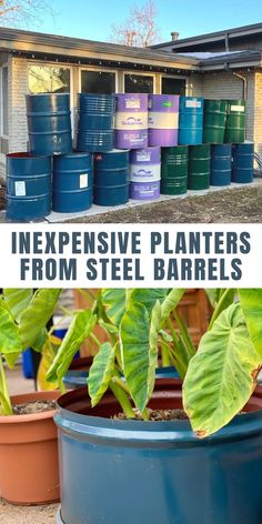 several blue barrels are stacked on top of each other in front of a house with the words, expensive planters from steel barrels