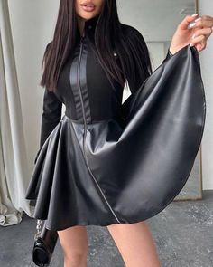 Size: S,M,L,XL;Style:ChicType:A LineMaterial:PU LeatherNeckline:Stand CollarSleeve Style:Long SleeveLength:MiniPattern Type:PlainDecoration:Button,Pocket,Ruched,ZipperFit Type:RegularOccasion:DailyPackage Include:1*DressFabric Elasticity:High StretchSheer:NoCare Instructions:Hand wash, do not dry clean Ruched Long Sleeve Dress, Leather Mini Dress, Leather Pocket, Beautiful Clothes, Hip Dress, Dress Zipper, Evening Attire, Flowing Maxi Dress, Glamorous Evening Gowns