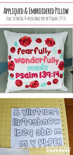 the finished pillow is being made with embroidery and thread, along with instructions for how to sew it