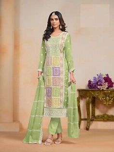 ad eBay - Festival Wear Organza Long Straight Kurta With Pant And Dupatta Mehndi Ceremony - Buy Now, click the link (eBay) Traditional Green Pants For Eid, Traditional Fitted Green Pants, Fitted Green Traditional Pants, Traditional Green Embroidered Pants, Traditional Embroidered Green Pants, Traditional Green Pants With Dupatta, Fitted Green Bohemian Salwar Kameez, Bohemian Fitted Green Salwar Kameez, Fitted Green Pants For Eid