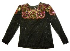 Vintage sequined & beaded top. Gorgeous colorful neckline and shoulders, black beading in swirl pattern throughout. 100% silk, lined in Rayon.LABEL: Royal FeelingsCONDITION : Very good vintage condition, some missing gold beads around neck. Please see last photoSIZE: vintage S - Fits like a current S in my opinion - PLEASE see measurements and compare to a similar garment you own to determine fit. Please allow a little room for differences in measuring tools and techniquesForm in photos measures 34" bust, 26.25" waist, 35" hipMEASURED:armpit to armpit - 18.5"waist, flat - 17"hem, flat - 20"length - center back, neck to hem - 25.5"length - side seam, armpit to hem - 15.5"shoulder - across back, seam to seam - 14.75"shoulder seam - 4"sleeve - 25"no shoulder pads(InS)1lb 6 oz fit in padded fl Black Silk Top, Measuring Tools, Beaded Top, Swirl Pattern, Black Silk, Silk Top, Black Beads, Gold Beads, Bell Sleeve Top