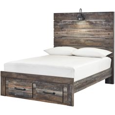 a bed with two drawers underneath it and a white pillow on top of the bed