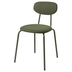 a green chair with metal legs and a seat cushion on the back, against a white background