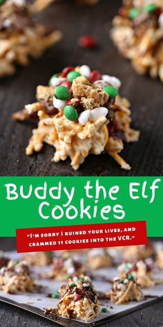 the cover of buddy the elf cookies, with candy and m & ms on top