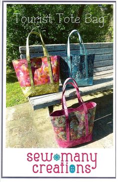 two bags sitting on top of a wooden bench next to each other with the words sew many creations