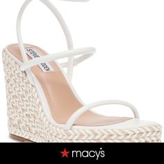 in stock Chic White Wedge Sandals For Beach Season, White Straw Sandals For Vacation, Chic White Heels For Beach Season, Chic White Summer Heels, White Straw Wedge Sandals With Open Toe, White Straw Wedge Sandals For Beach, White Open Toe Straw Heels, White Straw Summer Heels, White Straw Wedge Sandals With Woven Sole