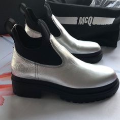 Gorgeous Booties, Very Comfortable And Lightweight, Would Fit 7.5 -8, Authentic, Original Box And Dust Bag Included Silver Leather Boots With Accents, Metallic Silver Leather Boots With Round Toe, Luxury Silver Leather Boots, Car Shoe, Mcqueen Shoes, Alexander Mcqueen Shoes, Mcq Alexander Mcqueen, Black Leather Ankle Boots, Leather Block Heels