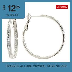 Sparkle and shine best describe these Sparkle Allure pure silver over brass crystal hoop earrings. Hoop earrings are crafted in pure silver over brass, feature beautiful sparkling crystal stones, 33mm in length and have a hinged closure. Wear these crystal hoop earrings to dress up any wardrobe choice. Wipe hoop earrings clean with a soft cloth.Features: Nickel FreeEarring Back: HingedStone Cut: RoundMetal Color: Silver ToneEarring Length: 33mmEarring Width: 3mmCare: Wipe CleanStone Type: 88 Cr… Brass Hoop Earrings, Brass Hoops, Crystal Hoop Earrings, Earrings Hoop, Crystal Stones, Sparkling Crystal, Earrings Color, Pure Silver, Stones And Crystals