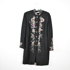 Vintage Embroidered Jacket, Units Women's Jacket size M Buttons up the front. Fully lined. Very nice! color- black materials - 55% silk and 45% polyester, lining is 100% polyester, maker - Units Formal Winter Outerwear With Floral Embroidery, Fitted Outerwear With Floral Embroidery And Stand Collar, Winter Formal Outerwear With Floral Embroidery, Formal Fall Outerwear With Floral Embroidery, Formal Floral Embroidered Outerwear For Fall, Black Long Sleeve Outerwear With Floral Embroidery, Formal Black Outerwear With Floral Embroidery, Fitted Embroidered Long Sleeve Outerwear, Fitted Embroidered Black Outerwear